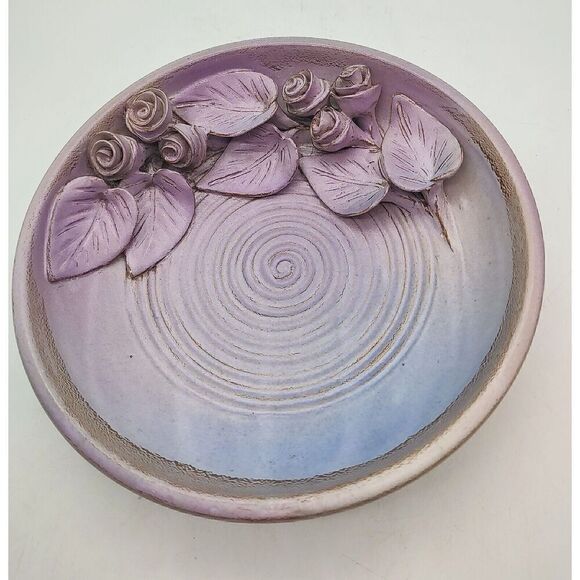 Art Pottery Bowl Dish With Roses / Purple Hues Applied Flowers Mother's Day - Picture 5 of 9